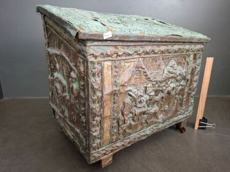 Antique Brass Over Wood Kindling Box on Castors (2 Wheels Missing)