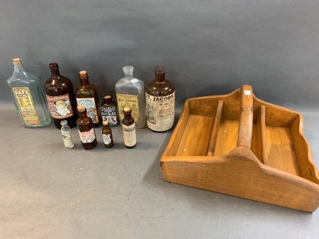 Collection of Vintage Bottles with Paper Lables in Timber Carry All