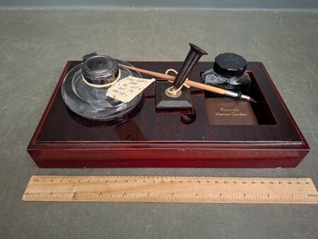 Antique Glass and EPMB Ink Well with Quill Pen - Spare Nibs and Ink