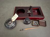 Antique Glass and EPMB Ink Well with Quill Pen - Spare Nibs and Ink - 2