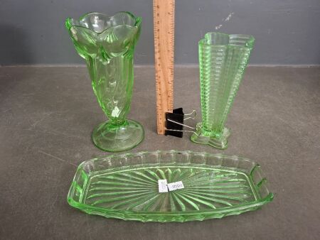 3 Pieces of Green Depression Glass