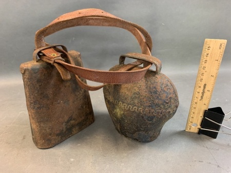 Vintage French & Australian Cow Bells on Leather Strap