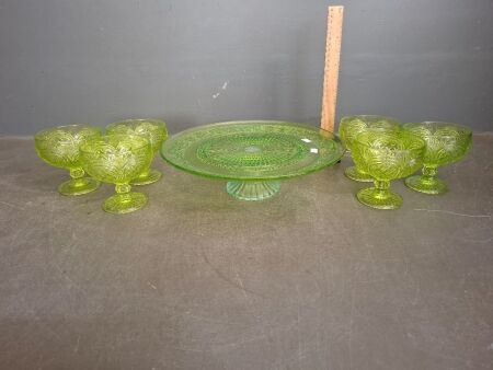 6 Vintage Green Glass Goblets & Cake Stand