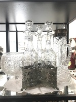 3 Vintage Cut Glass Decanters in Plated Stand + 3 Footed Round Bowl  & Crystal Ewer with Plated Top