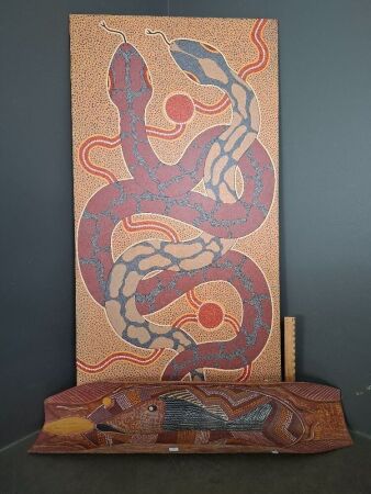 Aboriginal Fish Dot Painting on Bark & Two Serpents Acrylic On Board by W.J.A 1993