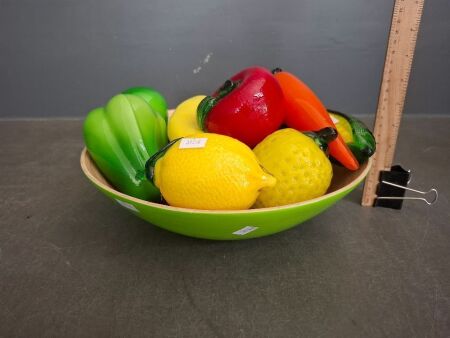 Bamboo Fruit Bowl with a Selection of Glass and Ceramic Fruit & Vegetables