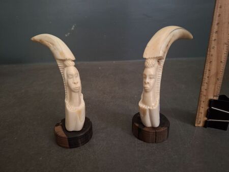 Pair Carved African Boars Tusks Mounted