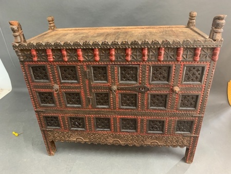 Large Antique Indian Carved & Painted Hardwood Coffer / Chest with Single Door, Iron Bands & Fittings