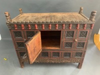 Large Antique Indian Carved & Painted Hardwood Coffer / Chest with Single Door, Iron Bands & Fittings - 2