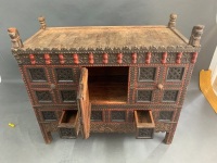 Large Antique Indian Carved & Painted Hardwood Coffer / Chest with Single Door, Iron Bands & Fittings - 3