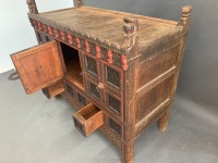 Large Antique Indian Carved & Painted Hardwood Coffer / Chest with Single Door, Iron Bands & Fittings - 4