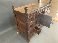 Large Antique Indian Carved & Painted Hardwood Coffer / Chest with Single Door, Iron Bands & Fittings - 5