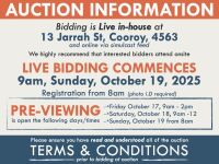 AUCTION INFORMATION: Bidding is live at 13 Jarrah St, Cooroy, 4563 & online via web feed (simulcast) - It is recommended that interested bidders attend the auction onsite | BIDDING COMMENCES: 9am, Sunday, October 19, 2025, Registration from 8am (photo I.D