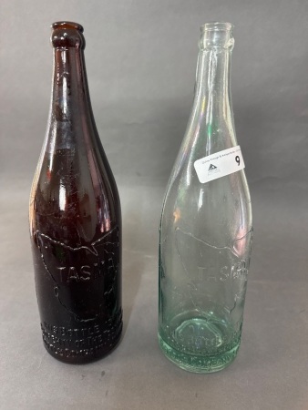 2 Antique Tasma Bottle Company Beer Bottles - 1x Brown & 1 Blue