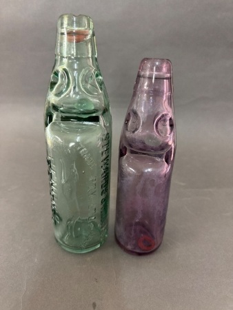 2 Vintage Codd Bottles - 1 Embossed Stewards & Hunter Bendigo Codd Bottle