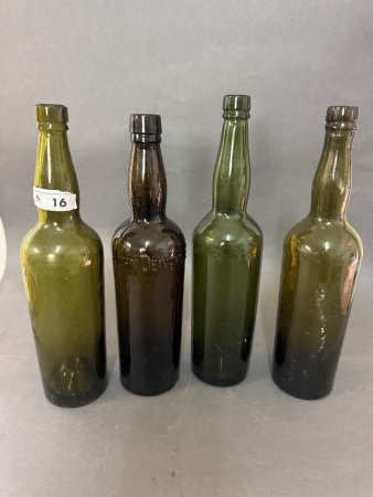 4 Vintage Green Bottles - 1 Embossed John Dewars Whiskey, C1900