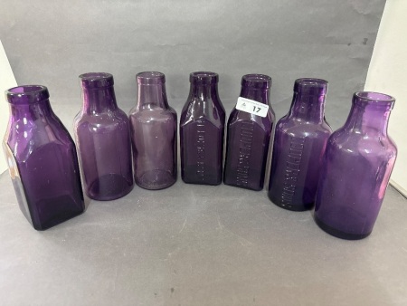7 Vintage Purple Glass Bottles - 2 Embossed Cooper & Sons & 2 Embossed F.Konic & Co Ltd