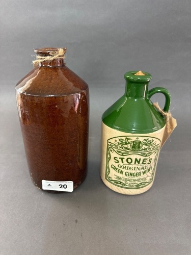 Large Stoneware Glazed Ink Bottle, C1900 & Stones Green Ginger Wine Bottle, Made in Australia