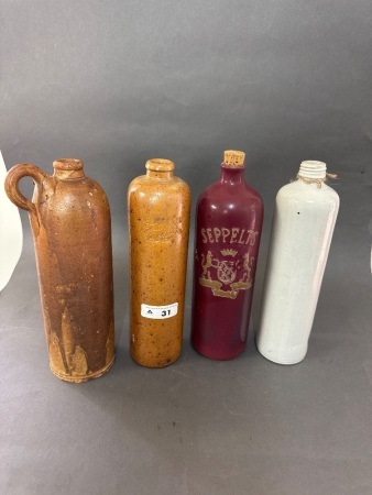 4 Vintage Stoneware Gin Bottles