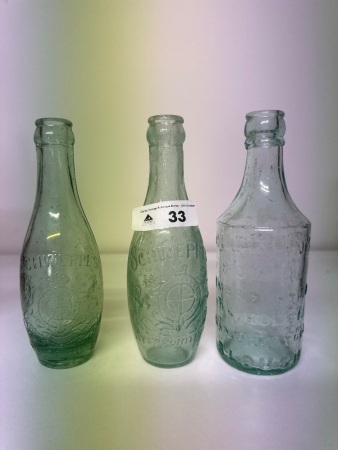 3 Vintage Clear Bottles - 2 Embossed Schweppes & 1 Ellimans Royal
