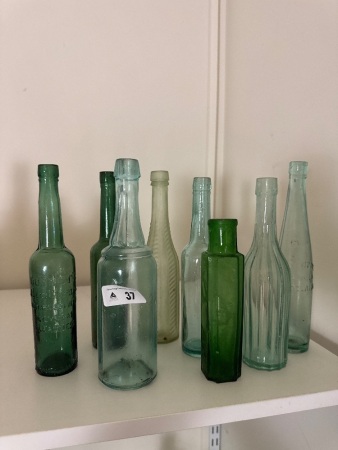 Selection of Small Green glass Bottles inc. Davenport Olive Oil & Burnets Jelly Crystals
