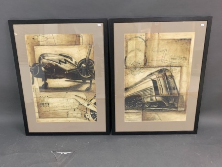 Pair of Large Framed Prints - Vintage Aeroplane & Train