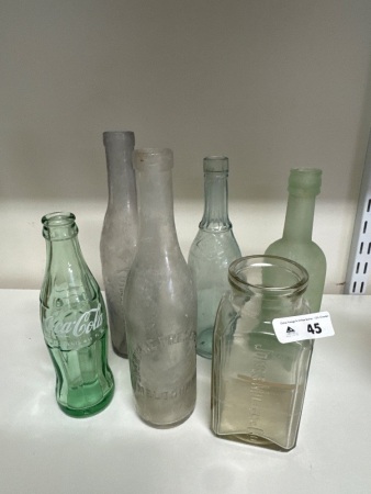 6 Vintage Bottles - 5 Embossed and 1 Coca Cola Bottle