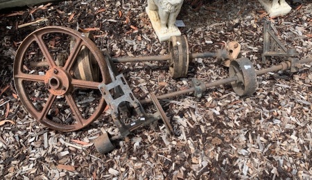 Collection of Vintage Iron Wheels + Industrial Shafts & Flywheels