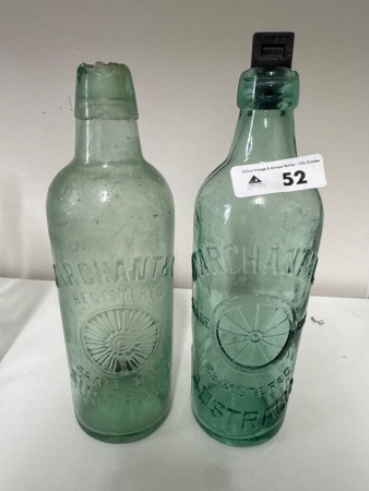 Pair of Marchants & Co Australia Glass Bottles - 1 has chip in top