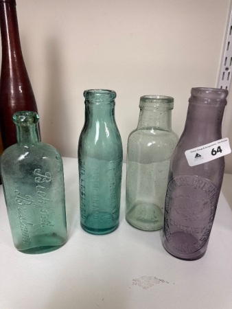 4 Vintage Bottles - Incs 1 Stanmore NSW Oakleaf Purple Bottle, 1 Bickford Brisbane Bottle, 1 Indian Condiment Co Queensland Bottle