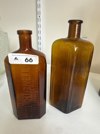 Vintage Amber Glass Clements Tonic Bottle & Bickford Brisbane Amber Poison Bottle