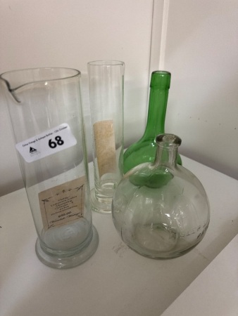2 Vintage Measuring Cylinders, Vino Ditalia Green Bottle & Eislers Patent Bottle