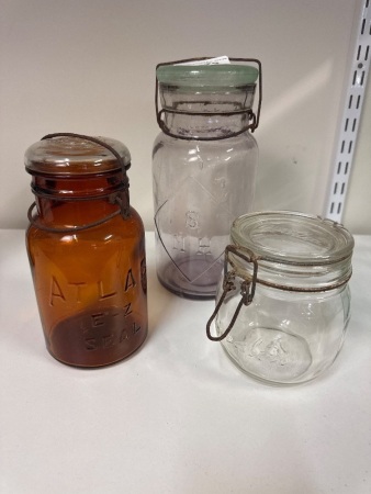 3 Vintage Jars - Incs 1 Duralex Jar, 1 Atlas Jar & 1 SNH Jar