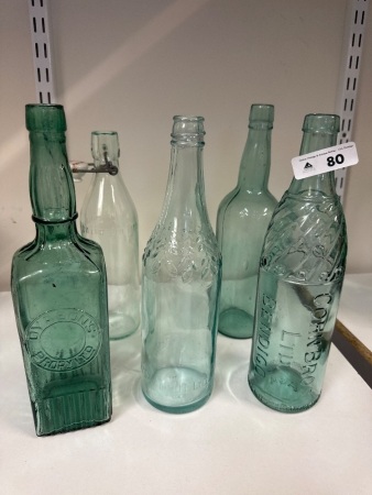 5 Vintage Blue Glass Bottles - Incs 4 Embossed