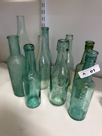Assortment of Vintage Aqua Blue Bottles - Some Marked