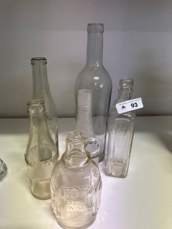 6 Vintage Glass Bottles - 4 Embossed