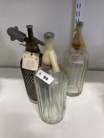 2 Vintage Schweppes Soda Syphons & 1 Antique Mesh Soda Syphon