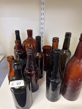 Large Assortment of Brown & Amber Glass Bottles - Some Embossed