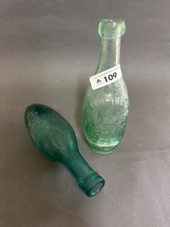 Unmarked Green Glass Torpedo Bottle & Hooper Struve Tohim the King Bottle ( Repair to Base )