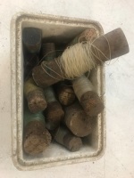 Box Lot of Fishing Lines on Cork and Wooden Spools