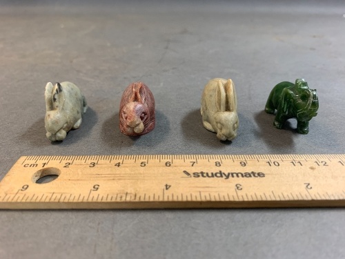 3 x Soapstone Rabbit Netsuke + Jade Elephant