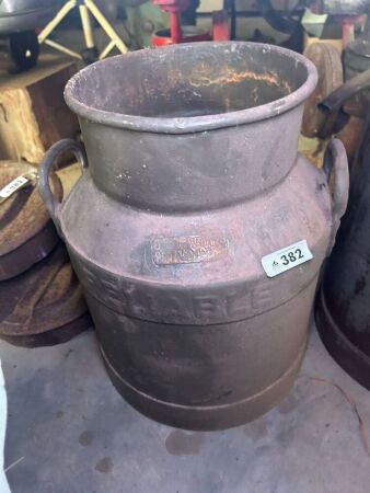 RELIABLE cream can - brass plaque marked J and L Wood, Wondai