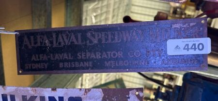 ALFA LAVEL SPEEDWAY MILKER brass plaque