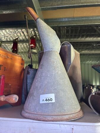 Large galvanised tin fuel pitcher with brass spout