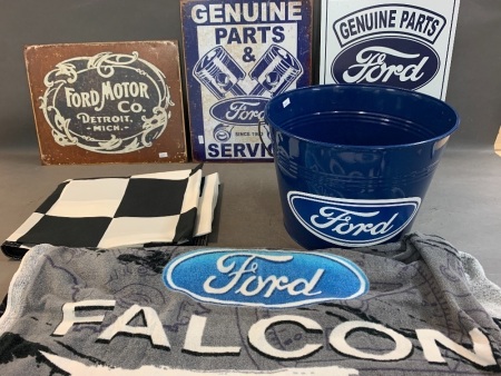 Collection of Ford Merchandise inc. Bucket, Towel, 3 Tin Signs & Checkered Flag