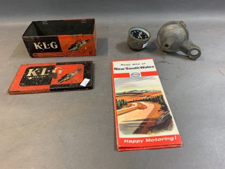 Vintage Alemite Gascolator + Vintage Ford 6V Clock + KLG Spark Plug Tin & Tools + Map