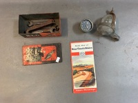 Vintage Alemite Gascolator + Vintage Ford 6V Clock + KLG Spark Plug Tin & Tools + Map - 2