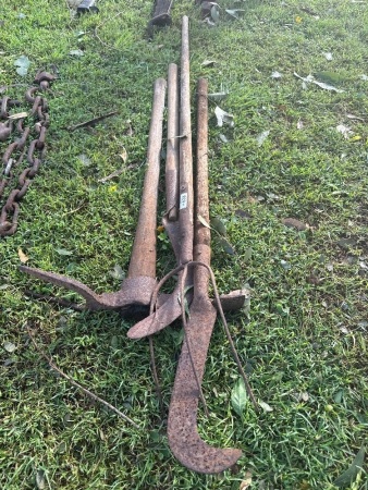 Assorted tools inc. brush hooks, hay rake etc