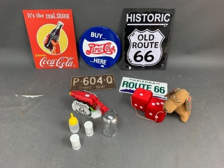 Collection of Route 66 Merchandise + Tin Drinks Signs & Diner Accessories