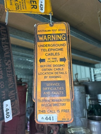 2x cable warning signs - enamelled steel - Australia Post, Telecom